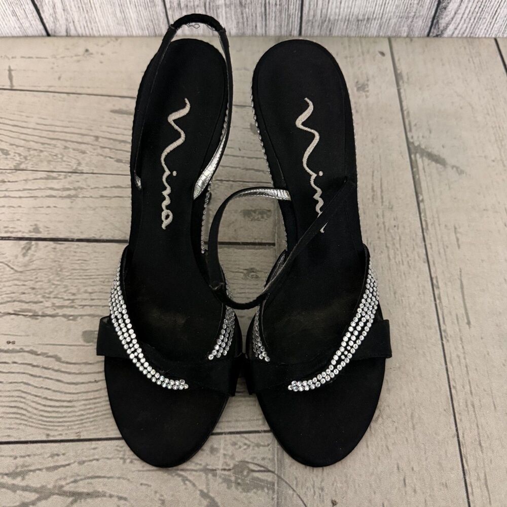 Vintage Nina Women's Size 6.5 Black Rhinestone Slingback Pumps 4" Heels 90s